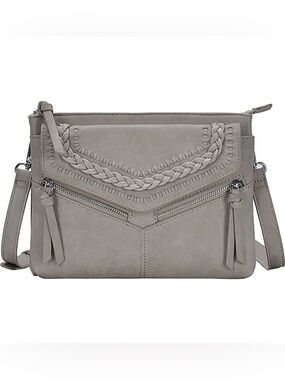 Antik Kraft Leather Shoulder Crossbody Bag Purse gray Braided